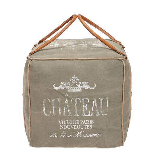 Gray Fabric and Leather Rustic Pouf, 17" x 21" x 21"
